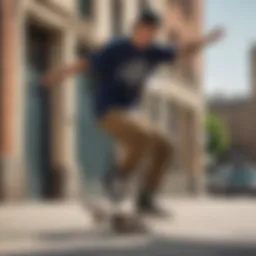 A skateboarder wearing a Dickies T-shirt while performing a trick in an urban setting