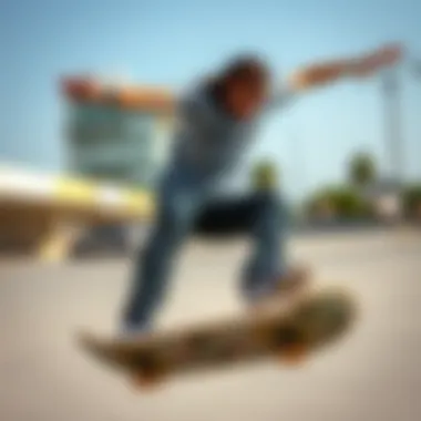 Dynamic skateboarder showcasing style with the Grey Champion T-shirt Skateboarder wearing a Grey Champion T-shirt in action