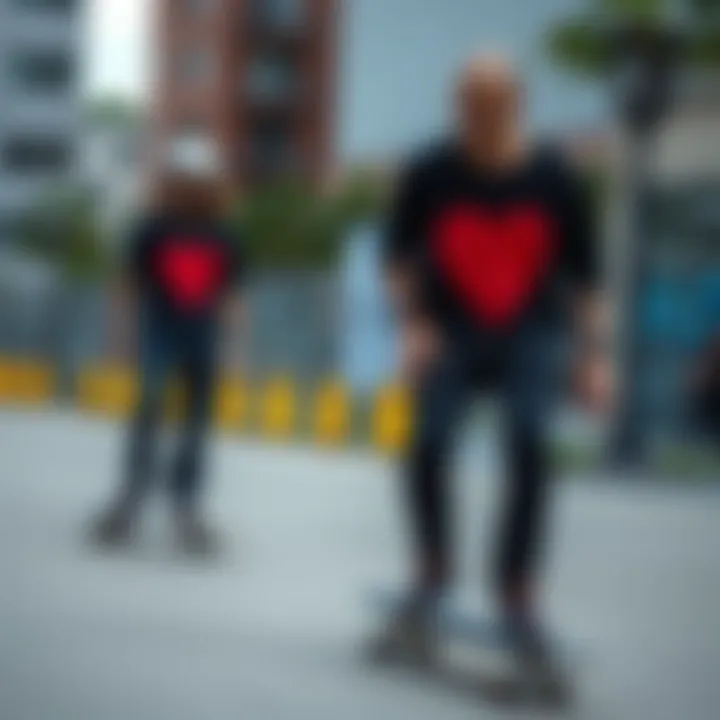 Skaters in Urban Setting Sporting the Heart Breaker Shirt Skaters wearing the heart breaker shirt in an urban environment, reflecting style and culture