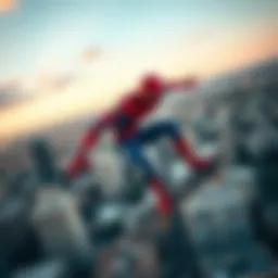 Spiderman performing a skateboard trick over a cityscape