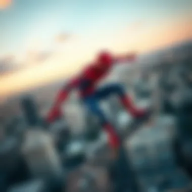 Spiderman Soaring Over Urban Landscapes Spiderman performing a skateboard trick over a cityscape