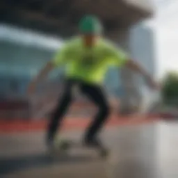 Vibrant neon lime green shirt worn by a skater performing a trick