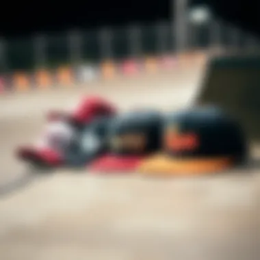 Diverse Snapback Styles in Skate Culture A variety of stylish snapback hats showcased on a skateboarding ramp