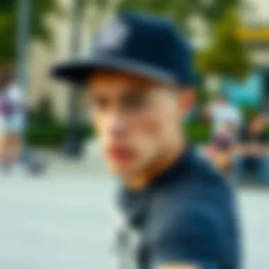 Expressive Style in Action A skateboarder wearing a trendy snapback during a street performance