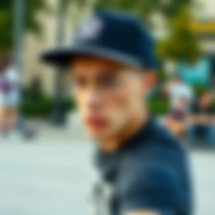 Expressive Style in Action A skateboarder wearing a trendy snapback during a street performance