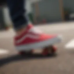 A close-up of red Vans footwear on a skateboard, showcasing design elements
