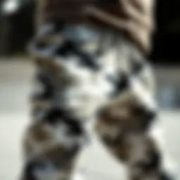 A close-up of white camo pants showcasing unique patterns