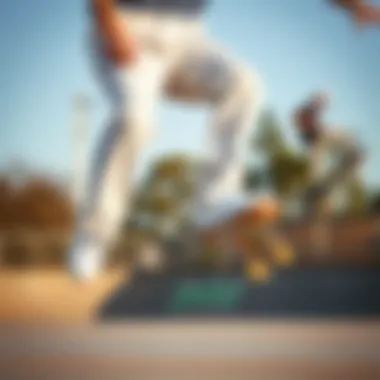 Skater performing tricks in white camo pants at a skate park