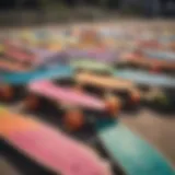 Colorful penny boards lined up for display