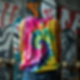 A vibrant tie dye tank top displayed against a grunge skateboard backdrop