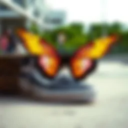 A vibrant illustration showcasing butterfly motifs alongside Vans footwear in a skate park setting