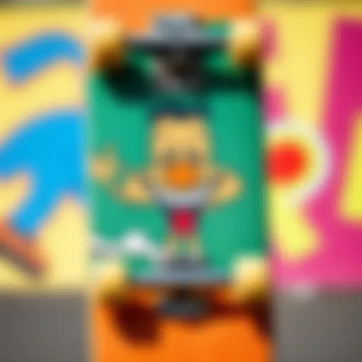 A colorful skateboard deck featuring a whimsical cartoon character laughing