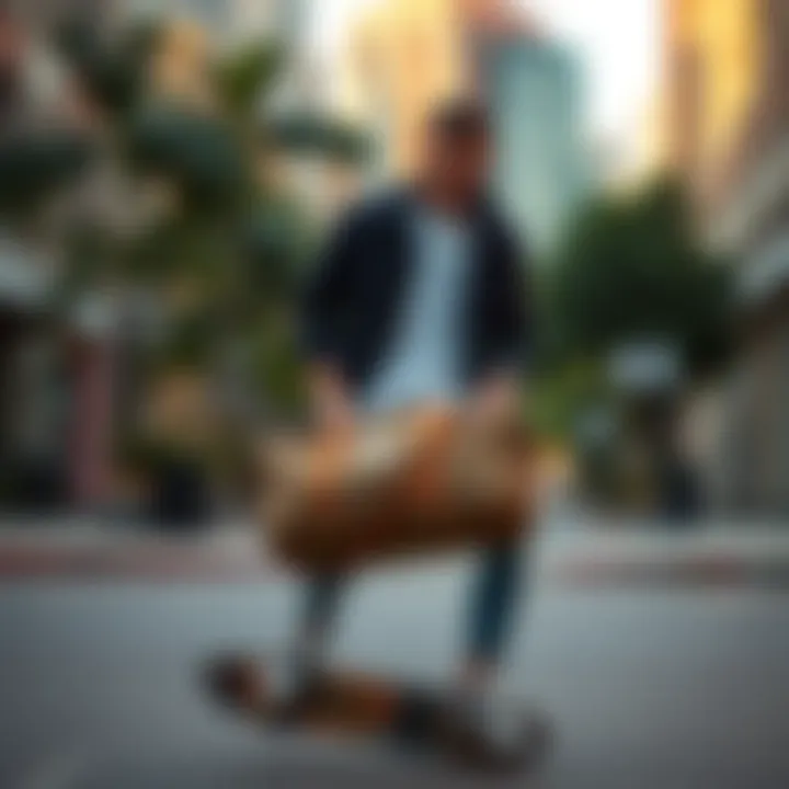 Skateboarder with Herschel duffle bag in urban setting