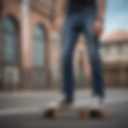 Stylish display of HT denim skinny jeans on a skateboard