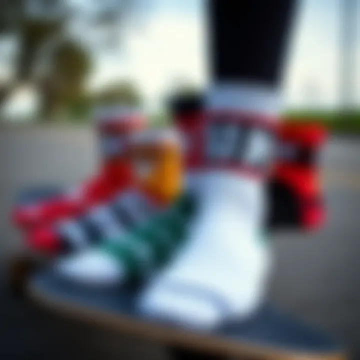 A Palette of HUF Ankle Sock Styles An arrangement of various HUF ankle socks colors and styles on a skateboard