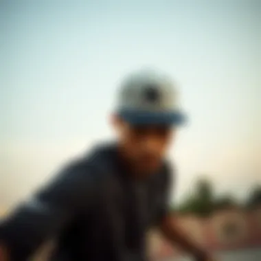 A skateboarder wearing a fashionable snapback hat in action
