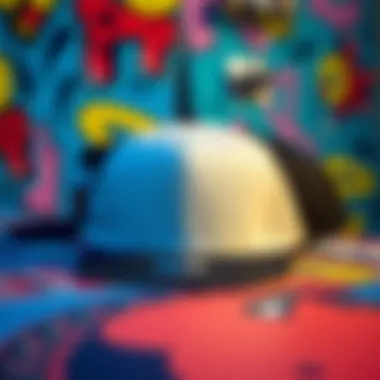 Stylish snapback hats displayed on a vibrant skateboard background