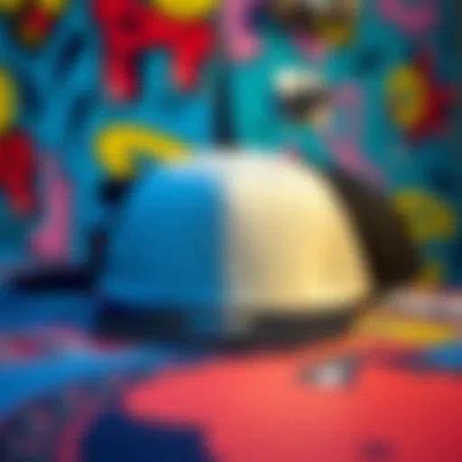 Stylish snapback hats displayed on a vibrant skateboard background