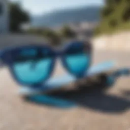 A close-up view of all blue sunglasses on a skateboard