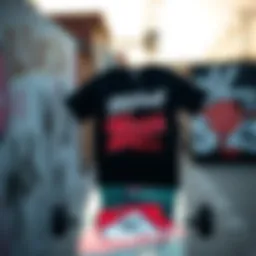 Vibrant Mitchell and Ness graphic tee displayed on a skateboard