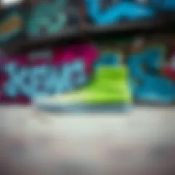 Vibrant neon green high top Vans against a graffiti backdrop