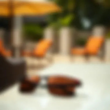 A serene outdoor location with sunglasses resting on a stylish surface.