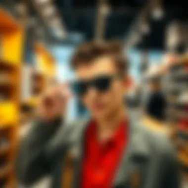 A stylish individual trying on sunglasses in a trendy retail environment.