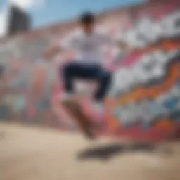 A skateboarder performing a trick in front of a vibrant graffiti wall, showcasing Palace Clothing.