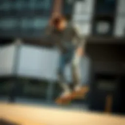 Skateboarder showcasing patterned denim in an urban environment