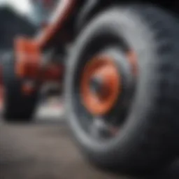 Close-up of Plow King wheels showcasing their unique design.