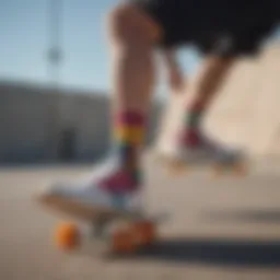 A pair of colorful Rip and Dip socks showcased on a skateboard
