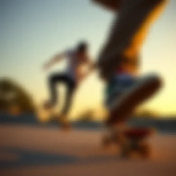 Skaters in Action with Their Footwear Skaters performing tricks in their favorite footwear