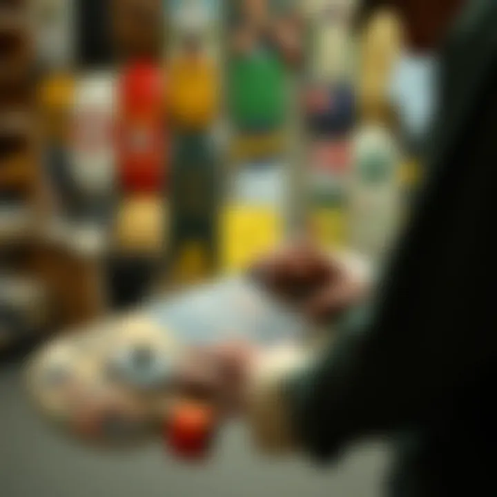 Evaluating Vintage Skateboards A collector carefully inspecting a vintage skateboard from the 1980s.