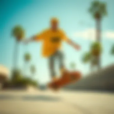Artistic representation of skateboard culture featuring yellow Vans t-shirts