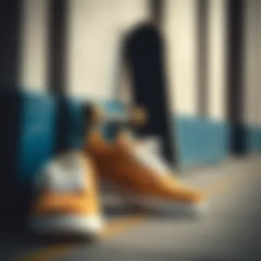 Cultural Fusion: Skateboard and Nike Suede Shoes A skateboard resting against a wall next to a pair of Nike suede shoes