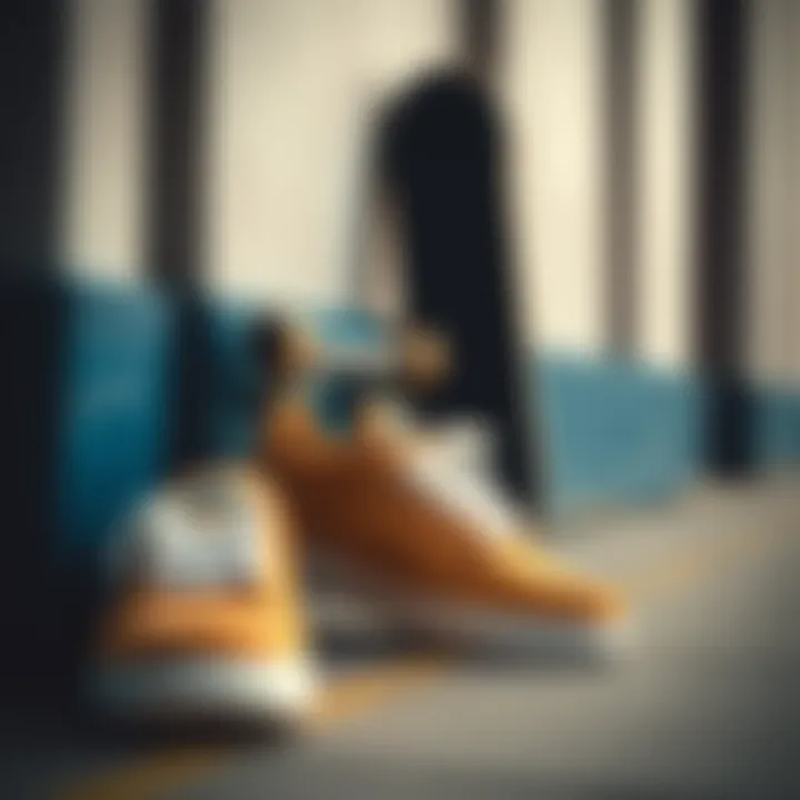 Cultural Fusion: Skateboard and Nike Suede Shoes A skateboard resting against a wall next to a pair of Nike suede shoes