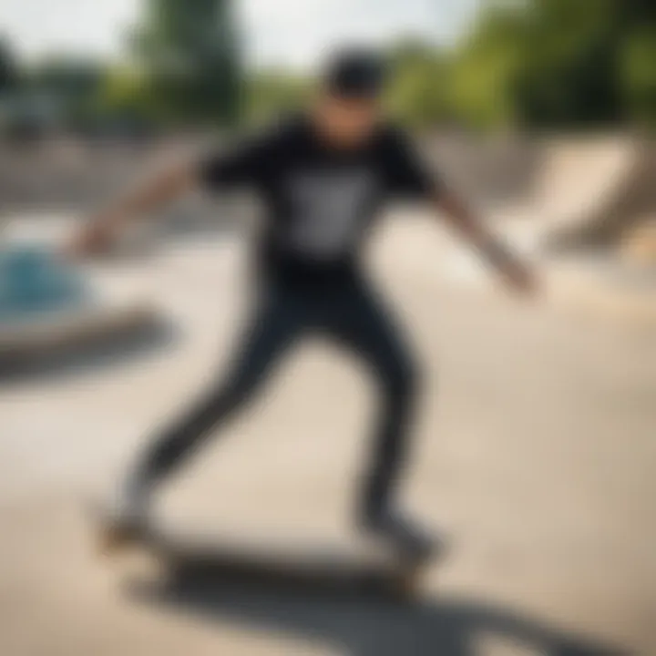 Skateboarder wearing the Misfits t-shirt at a skatepark, embodying the spirit of skate culture.