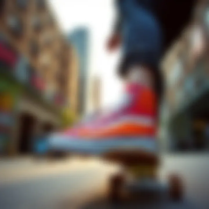 Skateboarder showcasing Sun and Moon Vans in an urban setting
