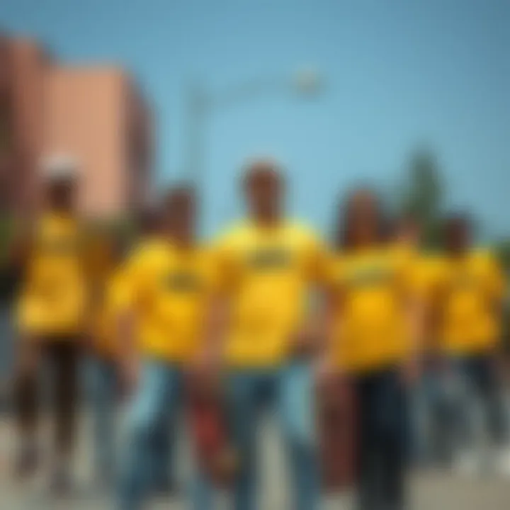 Group of skaters showcasing their style with yellow Vans t-shirts