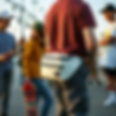 Fanny Pack: A Social Symbol in Skate Culture A group of skaters socializing, highlighting the fanny pack as a fashion accessory