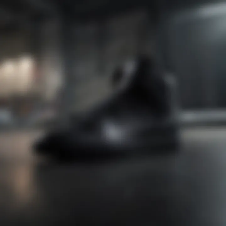 Close-up view of the all-black Supra sneaker, showcasing its sleek design