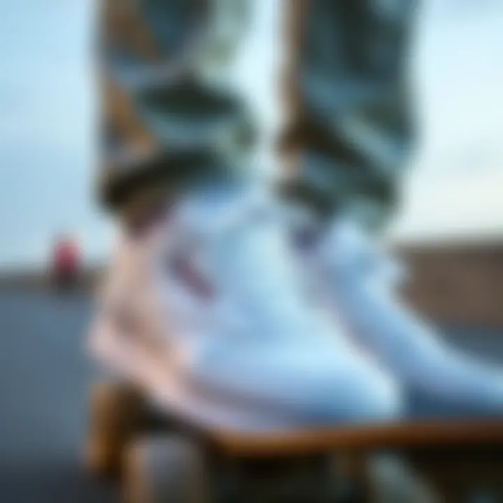 Reebok Classics and Skateboarding Culture All white Reebok Classics placed on a skateboard, highlighting their cultural significance