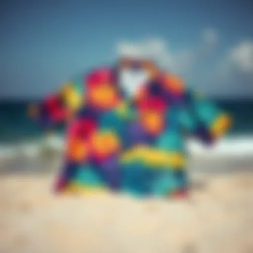 Colorful beach bum shirt displayed on a sandy beach