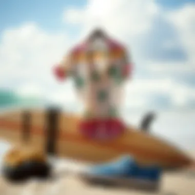 A stylish beach bum shirt hanging on a surfboard