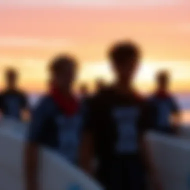 Group of surfers wearing beach bum shirts at sunset