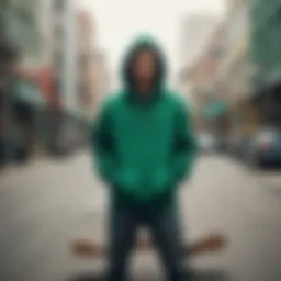 A vibrant green hoodie displayed against an urban backdrop