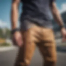 A close-up view of skater pants showcasing unique fabric textures.