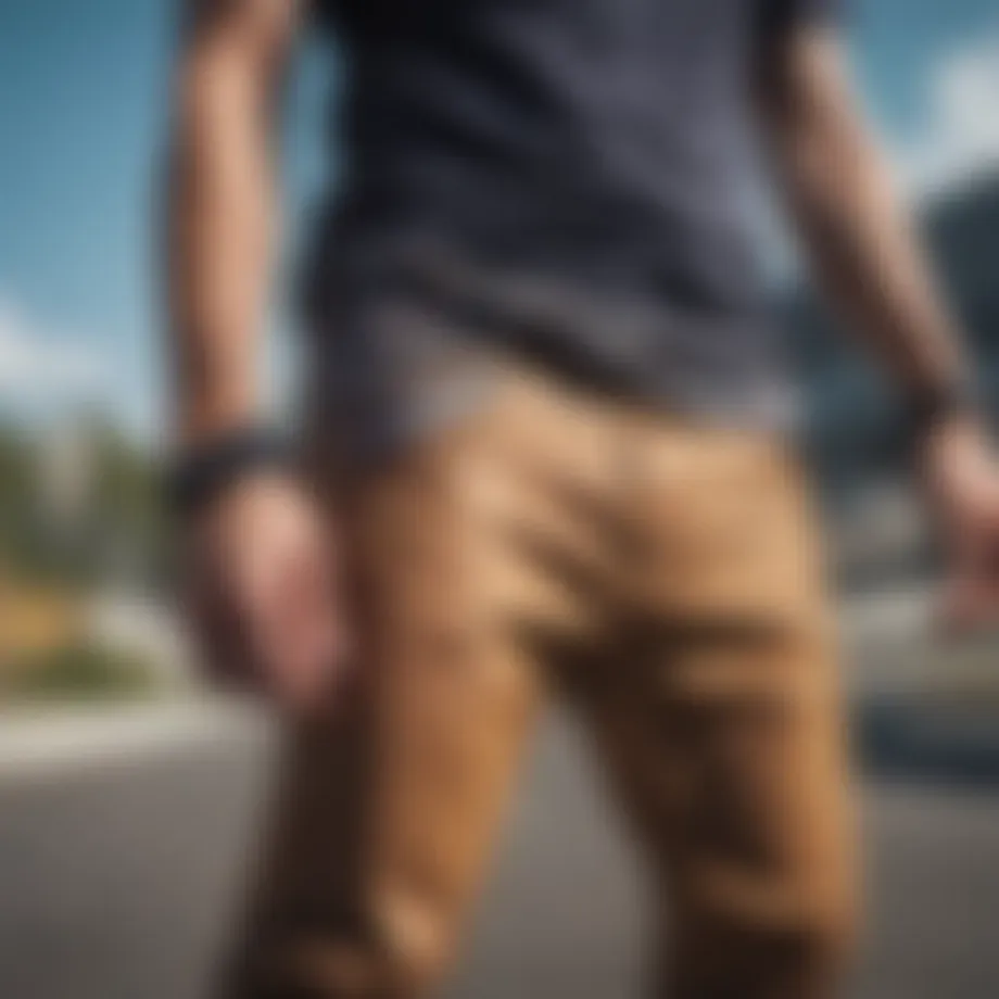 A close-up view of skater pants showcasing unique fabric textures.