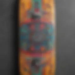 A close-up of a vintage skateboard deck showcasing the colorful graphic designs popular in the 1980s.