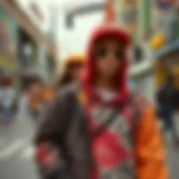 A vibrant street scene showcasing urban fashion trends